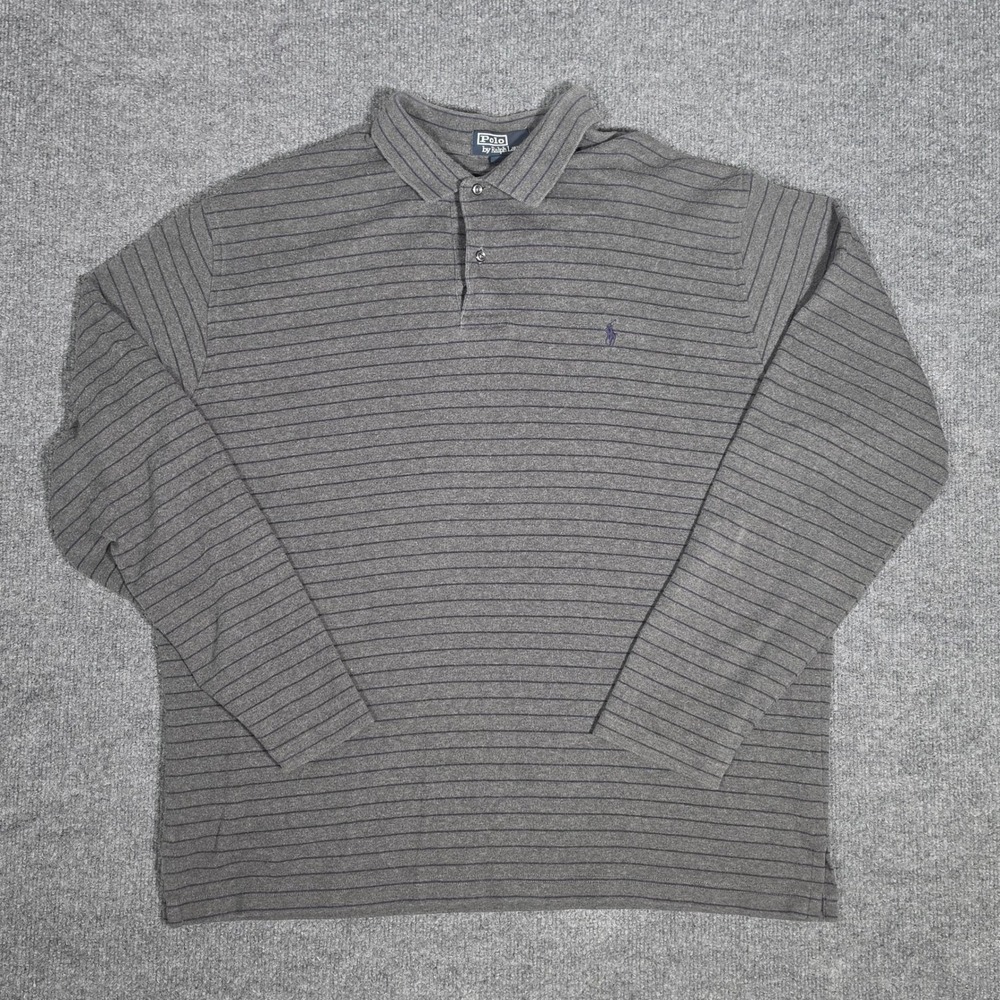 Polo Ralph Lauren Mens XL Long Sleeve Striped Polo Shirt Grey Blue Cotton Pony